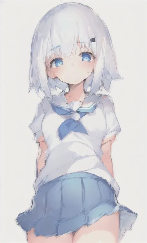 (masterpiece, illustration, painting, (white background, simple background)), sharp focus, realistic face, ((1girl, solo, <lora:RingoChanV3:0.7>, ringo-chan, blue eyes, hair ornament, white hair, bangs, short hair), (blush, closed mouth)), ((sailor, school uniform, blue skirt, white shirt)), ((hands behind back))