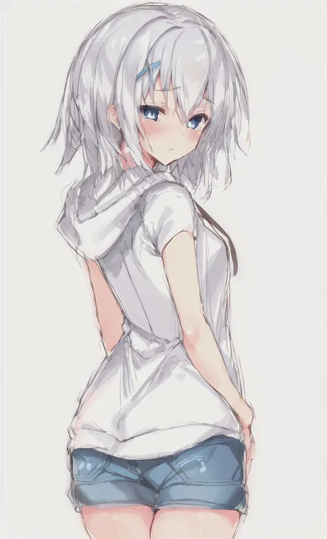 (masterpiece, best quality, painting, (white background, simple background)), sharp focus, realistic face, ((1girl, solo, <lora:RingoChanV3:0.6>, ringo-chan, blue eyes, hair ornament, white hair, bangs, short hair), (blush, closed mouth)), ((hoodie, white hoodie, shorts)), ((hands behind back, arms behind back)), ((<lora:sigm@LoraV1:0.8>, sigm@))