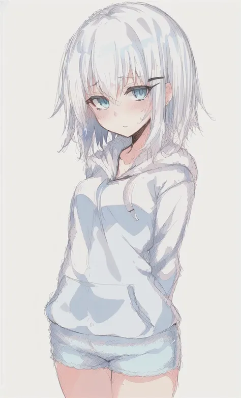 (masterpiece, best quality, painting, (white background, simple background)), sharp focus, realistic face, ((1girl, solo, <lora:RingoChanV3:0.6>, ringo-chan, blue eyes, hair ornament, white hair, bangs, short hair), (blush, closed mouth)), ((hoodie, white hoodie, shorts)), ((hands behind back, arms behind back)), ((<lora:YoungSavageLoraV2:0.6>, youngsavage))