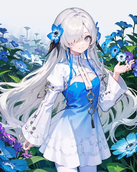 1girl,standing,white_hair,bluejoucho,hair over one eye, <lora:IseikaiJoucho_NemophilaV1[bluejoucho]:1>,cowboy shot,light smile, nemophila \(flower\), anemone \(flower\), wisteria, garden,