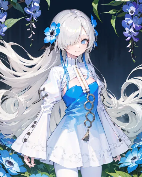 1girl,standing,white_hair,bluejoucho,hair over one eye, <lora:IseikaiJoucho_NemophilaV1[bluejoucho]:1>,cowboy shot,light smile, nemophila \(flower\), anemone \(flower\), wisteria, garden, hand on own chest,