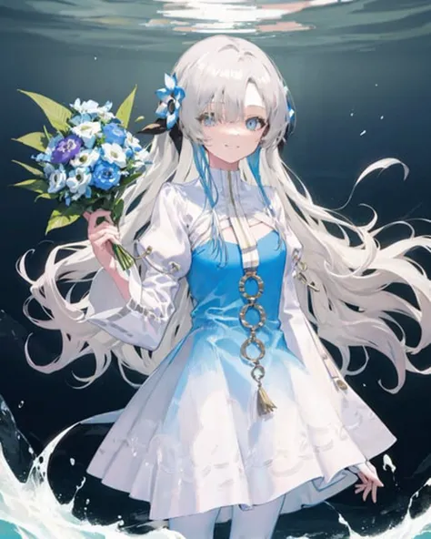 1girl,standing,white_hair,bluejoucho, <lora:IseikaiJoucho_NemophilaV1[bluejoucho]:1>,cowboy shot, holding bouquet, light smile,