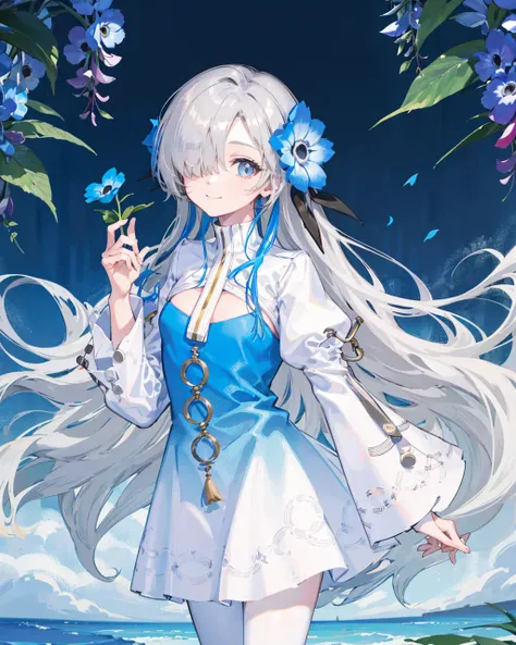 1girl,standing,white_hair,bluejoucho,hair over one eye, <lora:IseikaiJoucho_NemophilaV1[bluejoucho]:1>,cowboy shot,light smile, nemophila \(flower\), anemone \(flower\), wisteria, garden,