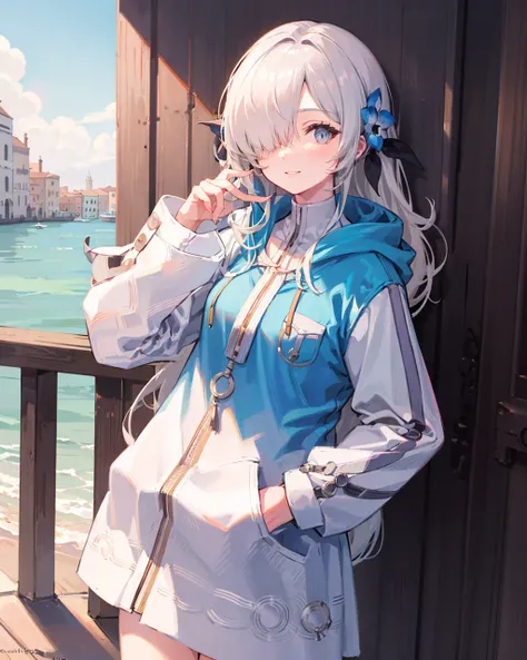 1girl,solo,standing,white_hair,bluejoucho,hair over one eye, <lora:IseikaiJoucho_NemophilaV1[bluejoucho]:0.9>,cowboy shot,light smile, ((hoodie:1.2)),(hand in pocket:1.3), outdoors,venice,