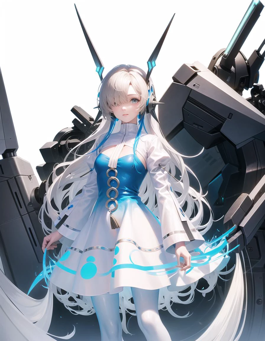 bluejoucho,hair_over_one_eye,1 girl , full body, <hypernet:dalcefoNocopyV2_dalcefoNocopyV2:0.6>, <lora:aMechaMusumeA_arc:0.6>, mecha musume, mechanical arms, headgear,<lora:ligneClaireStyleCogecha_v10:0.6> , ligne claire , clear line,