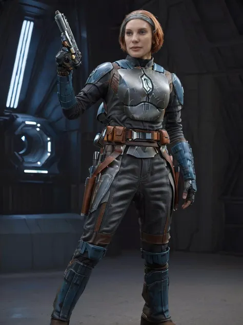 (full body1.5) Hyper-realistic shot of Bo-Katan Kryse Mandalorian <lora:Bo-Katan_Kryse_Mandalorian_Queen:0.8> aiming handguns in <lora:Perfect Hands:0.8> Perfect Hands, beautiful katee sackhoff woman, holding helmet with owl clan logo, weathered and rugged armor with brown leather boots, intense gaze, furrowed brow, dramatic shadows, worn body armor with intricate details, (((dynamic action pose shooting a handgun))), 8k uhd, dslr, soft lighting, high quality, background of star wars desert planet, intricate details, masterpiece, trending on artstation, realistic, Cinematic, epic, action packed, incredibly detailed and realistic, magnificent, vignette, high budget, bokeh, moody, sharp, highly detailed, concept art, realistic hands, dynamic pose, dynamic shot, fantastic location, majestic cluttered environment, 8k unity render, action shot, skin pores, detailed, detailed face, (vibrant, photorealistic, realistic, dramatic, dark, sharp focus, 8k), (intricate:1.5), (highly detailed:1.4), octane render, sharp focus, art by artgerm, (loish:0.23) , wlop ilya kuvshinov, and greg rutkowski and alphonse mucha gracias, (global illumination, studio light, volumetric light), <lora:katee sackhoff v1a:1>