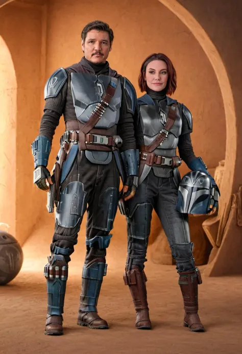 medium shot, 1boy, 1girl, Bo-Katan Kryse Mandalorian and Mandalorian Pedro Pascal, posing for a photo, (sharp focus, highly detailed, 4k, 8k, best quality, masterpiece, ultra highres:1) 
 <lora:Mandalorian_Din_Djarin_SDXL:0.9>
 <lora:Bo-Katan_Kryse_Mandalorian_Queen:0.6>