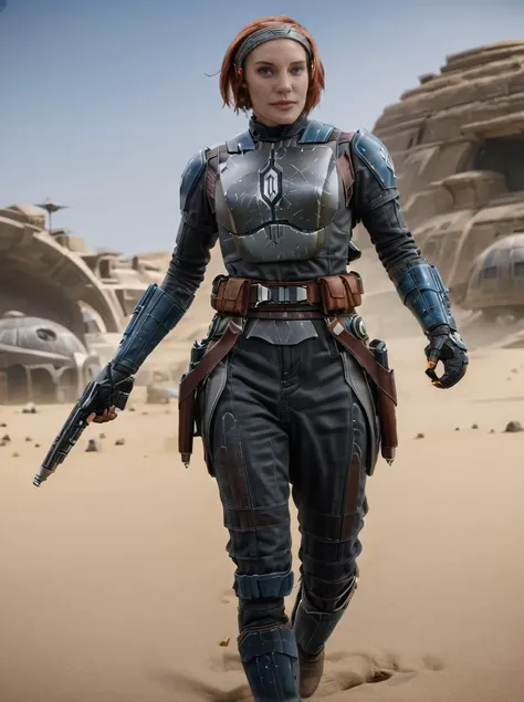 (full body1.5) Hyper-realistic shot of Bo-Katan Kryse Mandalorian <lora:Bo-Katan_Kryse_Mandalorian_Queen:0.8> is holding a gun and is in a fighting stance wearing helmet, flames shooting out from jetpack, handguns in each hand, 8k uhd, dslr, soft lighting, high quality, background of star wars desert planet, intricate details, masterpiece, trending on artstation, realistic, Cinematic, epic, action packed, incredibly detailed and realistic, magnificent, vignette, high budget, bokeh, moody, sharp, highly detailed, concept art, realistic hands, dynamic pose, dynamic shot, fantastic location, majestic cluttered environment, 8k unity render, action shot, skin pores, detailed, detailed face, (vibrant, photorealistic, realistic, dramatic, dark, sharp focus, 8k), (intricate:1.5), (highly detailed:1.4), octane render, sharp focus, art by artgerm, (loish:0.23) , wlop ilya kuvshinov, and greg rutkowski and alphonse mucha gracias, (global illumination, studio light, volumetric light), <lora:katee sackhoff v1a:1>