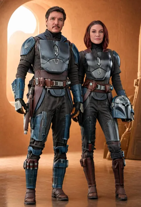 medium shot, 1boy, 1girl, Bo-Katan Kryse Mandalorian and Mandalorian Pedro Pascal, posing for a photo, (sharp focus, highly detailed, 4k, 8k, best quality, masterpiece, ultra highres:1) 
 <lora:Mandalorian_Din_Djarin_SDXL:0.9>
 <lora:Bo-Katan_Kryse_Mandalorian_Queen:0.7>