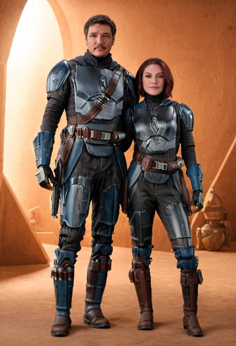 medium shot, 1boy, 1girl, Bo-Katan Kryse Mandalorian and Mandalorian Pedro Pascal, posing for a photo, (sharp focus, highly detailed, 4k, 8k, best quality, masterpiece, ultra highres:1) 
 <lora:Mandalorian_Din_Djarin_SDXL:1>
 <lora:Bo-Katan_Kryse_Mandalorian_Queen:0.6>