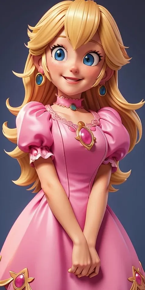 1girl, Blonde hair, blue eyes, pink puffed sleeve dress, blue teardrop earrings, pink lace choker, blue oval-shaped pendant, gold brooch, smiling expression <lora:Princess_Peach:1>