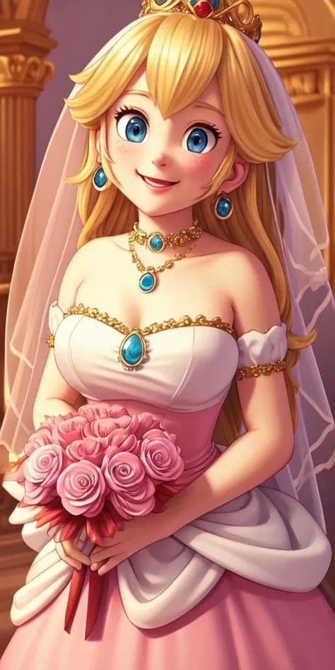 1girl, Blonde hair, blue eyes, gold crown with various gems, white strapless dress, white veil, blue teardrop earrings, blue choker with large oval-shaped pendant, smiling expression, pixar, upper body, holding a bouquet of flowers, pink and red flowers <lora:Princess_Peach:1>, dress