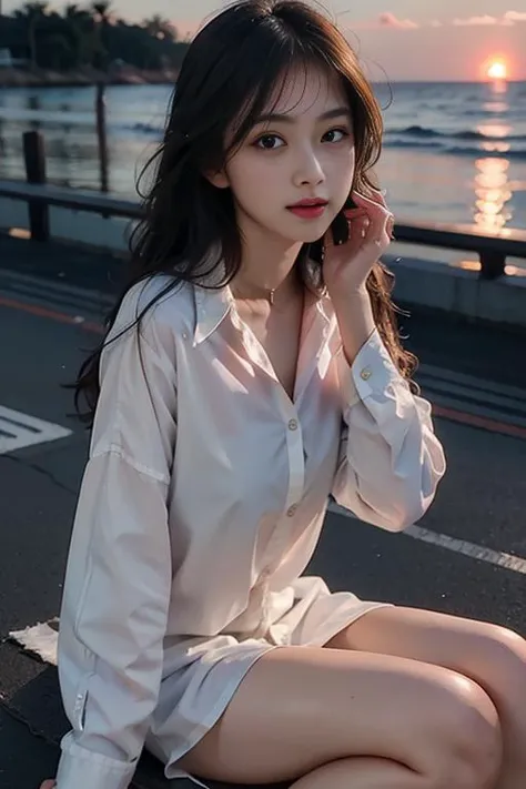 bf_shirt_nopants, ,8k, (sexy),cute,(realistic:1.1), (photorealistic:1.1), (masterpiece:1.1), (best quality:1.1), RAW photo, highres, ultra detailed, High detail RAW color photo,professional photograph,masterpiece, best quality,realistic,realskin,1girl,low_key,solo,lighting,long hair,,wet, beach,sunset,sunrise,dusk,bird,wave,
beautiful detailed eyes,(nose blush),(sitting),
(detailed face:1.2),extremely beautiful face, <lora:nwsjmajic:0.75>, <lora:bf_shirt_nopants:0.75>