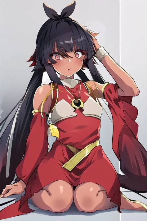 (masterpiece:1.1), (best quality:1.1), 1girl, Real light and shadow, anime face, 4k, 8k, wallpaper,epic, detail texture, ((1girl)), solo, <lora:Conductor_of_Nephthys:1> conductor of nephthys, nephthys, black hair, gradient hair, red hair, long hair, twintails, very long hair, (((silver eyes))), dark-skinned female, dark skin, dress, red dress, detached sleeves, bare shoulders, jewelry, bracelet, flat chest, full body