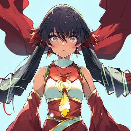 (masterpiece:1.1), (best quality:1.1), 1girl, Real light and shadow, anime face, 4k, 8k, wallpaper,epic, detail texture, ((1girl)), solo, <lora:Conductor_of_Nephthys:1> conductor of nephthys, nephthys, black hair, gradient hair, red hair, long hair, twintails, very long hair, ((silver eyes)), dark-skinned female, dark skin, dress, red dress, detached sleeves, bare shoulders, jewelry, bracelet, flat chest