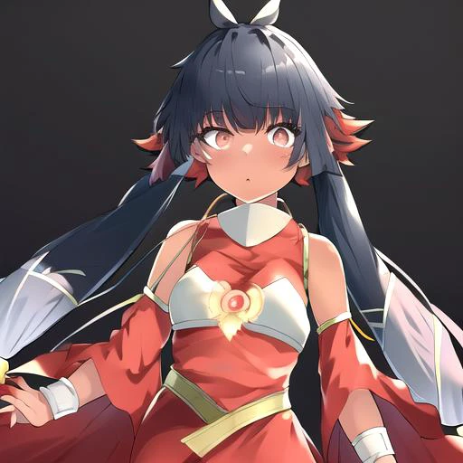 (masterpiece:1.1), (best quality:1.1), 1girl, Real light and shadow, anime face, 4k, 8k, wallpaper,epic, detail texture, ((1girl)), solo, <lora:Conductor_of_Nephthys:1> conductor of nephthys, nephthys, black hair, gradient hair, red hair, long hair, twintails, very long hair, ((silver eyes)), dark-skinned female, dark skin, dress, red dress, detached sleeves, bare shoulders, jewelry, bracelet, flat chest