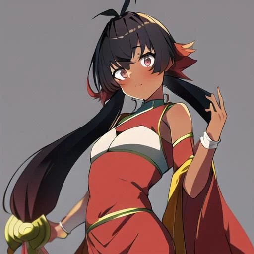 (masterpiece:1.1), (best quality:1.1), 1girl, Real light and shadow, anime face, 4k, 8k, wallpaper,epic, detail texture, ((1girl)), solo, <lora:Conductor_of_Nephthys:1> conductor of nephthys, nephthys, black hair, gradient hair, red hair, long hair, twintails, very long hair, silver eyes, dark-skinned female, dark skin, dress, (chinese clothes, china dress, pelvic curtain), flat chest, cowboy shot