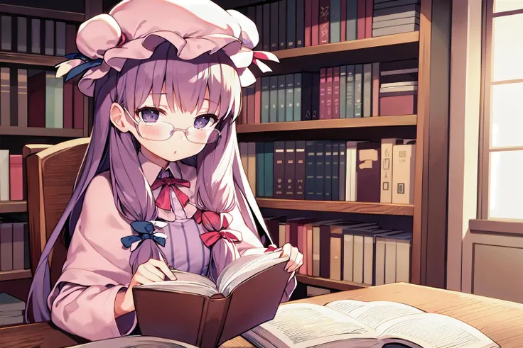 1girl,patchouli knowledge, reading book,book, bookshelf, indoors,sitting on chair,desk,upper body,glasses,hat
<lyco:MushroomStyle_v1:1>