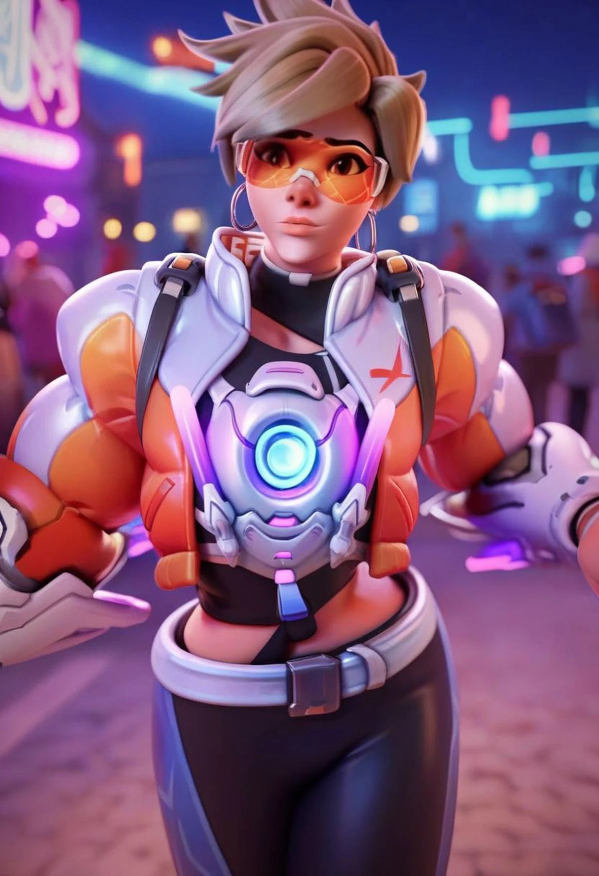 score_9, score_8_up, score_7_up, score_6_up, hi-res, 8k, 2.5d, solo focus, close up, Tracerkpop , Tracer (overwatch), walking down the street at night, neon lights <lora:TracerkpopXL-45:1>