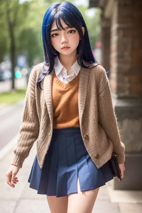 best quality, detailed, 4k, raw photo, masterpiece, detailed face,
1girl, blue hair, bangs, long hair, looking at viewer, <lora:anycemar:0.7> <lora:ddlc:1>
blazer, brown sweater, collared shirt, neck ribbon, blue skirt,