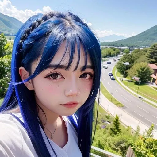 best quality, detailed, 4k, raw photo, masterpiece, detailed face,
outdoors, sky, day, mountains in the background,
a photo of anycemar flying in space, blue hair, bangs, long hair, looking at viewer, <lora:anycemar:0.7>