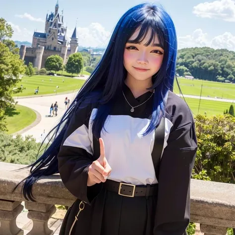 best quality, detailed, 4k, raw photo, masterpiece, detailed face,
a photo of anycemar wearing armor making a peace sign,blue hair, bangs, long hair, looking at viewer, smile, outdoors, sky, day, castle in the background,, , <lora:anycemar:0.7>