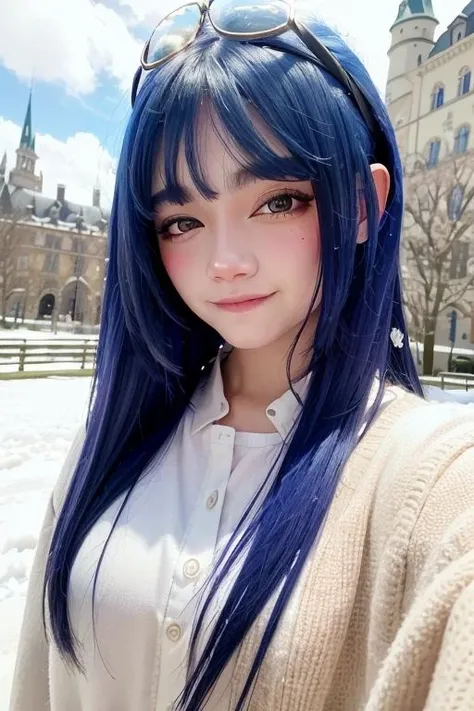 best quality, detailed, 4k, raw photo, masterpiece, detailed face,
outdoors, sky, day, castle in the background,
a photo of anycemar in the snow, blue hair, bangs, long hair, looking at viewer, smile, <lora:anycemar:0.7>