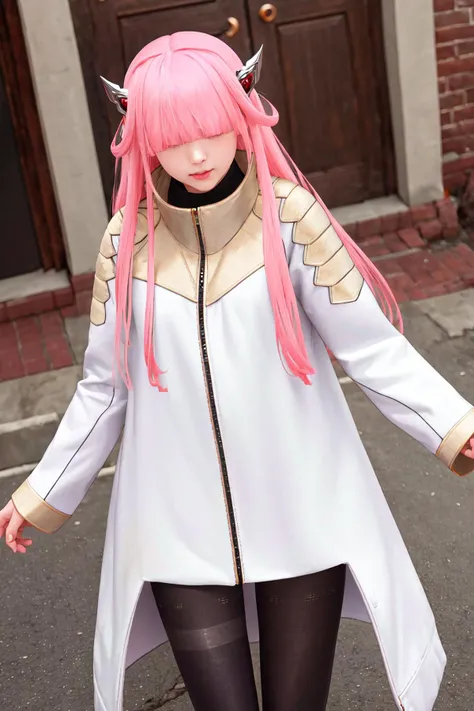 masterpiece, best quality, highres, 1girl pink hair horns, white coat gold trim pantyhose <lora:charion_isekai_ojisan:1> photorealistic