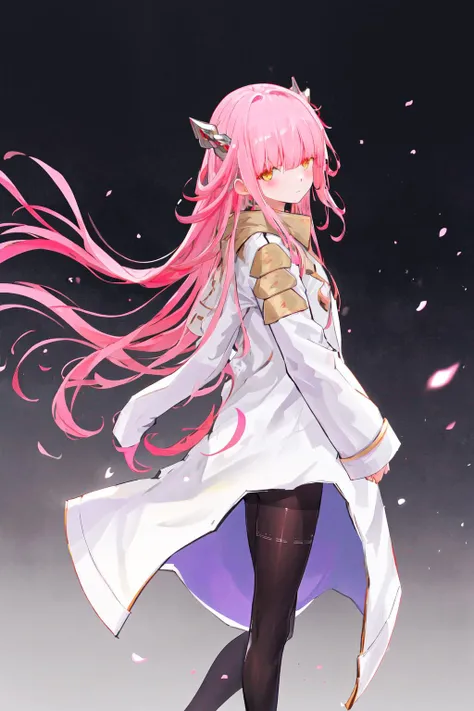 masterpiece, best quality, highres, 1girl pink hair horns, white coat gold trim pantyhose <lora:charion_isekai_ojisan:1> from side, looking at viewer