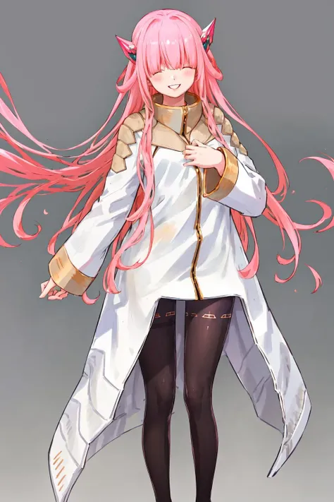 masterpiece, best quality, highres, 1girl pink hair horns, white coat gold trim pantyhose <lora:charion_isekai_ojisan:1> hand on own chest, smile