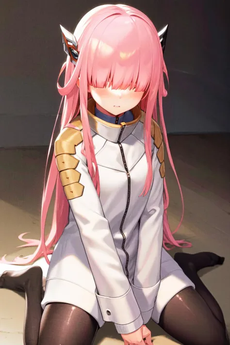 masterpiece, best quality, highres, 1girl pink hair horns, open coat bodysuit <lora:charion_isekai_ojisan:1> squatting, head rest, from side, looking at viewer