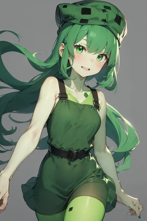 absurdres, best quality, 1girl, solo, <lora:slime-nvwls-v1:0.8>, slim3, (green skin)), slime girl, green hat, green dress, colored skin, monster girl