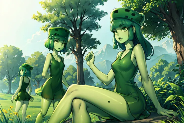 masterpiece, best quality, (4girls:1.3), slim3, (green skin:1.3), slime girl, green hat, sitting, green dress, confused, standing, field, trees <lora:slime-nvwls-v1:1.0>