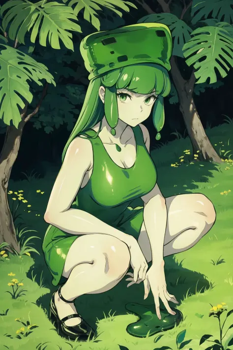 masterpiece, best quality, slim3, green skin, slime girl, green hat, green dress, large breasts, squatting, tree, field, from above, furrowed brow, looking at viewer <lora:slime-nvwls-v1:0.9>