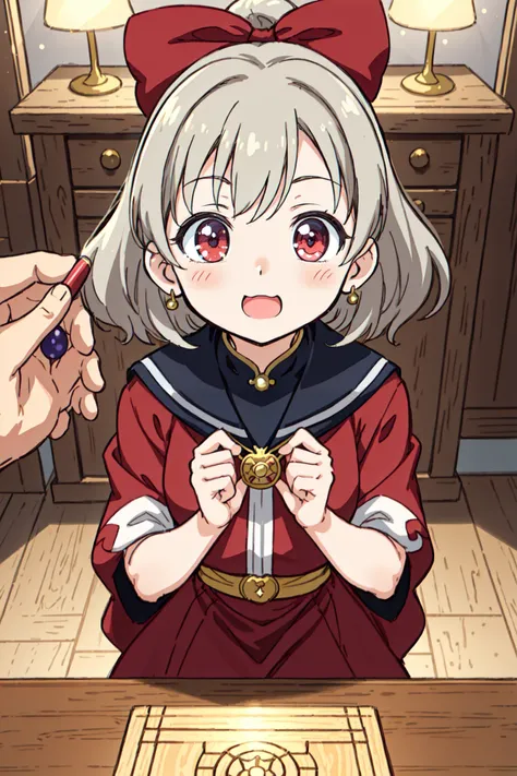 1girl, solo, solo focus, kawaii de ja ne, an anime character wearing a medal and bowing, in the style of light gray and red, intricate woodwork, naoko takeuchi, shoujo, magical girl, lively facial expressions, tenwave, die brücke, clear and crisp, fine lines