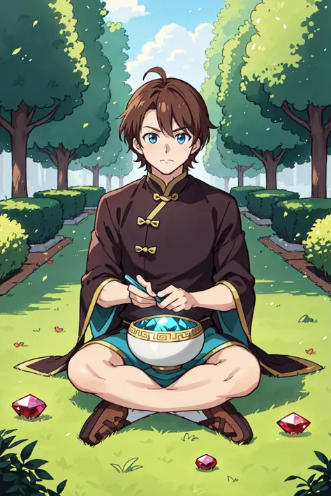 an anime character with brown hair sitting in the grass, in the style of light silver and crimson, chinese tradition, anime aesthetic, handsome, gemstone, patrick dougherty, gray and azure, kawaii