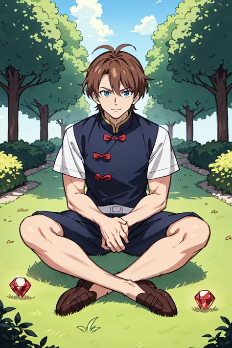 an anime character with brown hair sitting in the grass, in the style of light silver and crimson, chinese tradition, anime aesthetic, handsome, gemstone, patrick dougherty, gray and azure