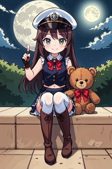 (masterpiece), best quality, high resolution, 1girl, solo, long hair, sleeveless cropped shirt, frilled skirt, peaked cap, fingerless gloves, thighhighs, knee boots,
smile, closed mouth, night, full moon, full body, teddy bear,