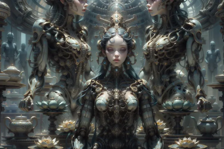 (A woman was sitting in a lake meditating,Very big lotus:1.3),pov,(Buddhism,Mythic,religion,A fantasy movie full of imagination),(Floating golden dust:1.3),(Paranormal phenomenon:1.3),(art,cyborg,SMOOTH,SCIFI,Reflective materia,lotus(Ceramic material),bones :1.4),digital photography,Smooth porcelain shell,(Concept,Classic poster),
beautiful image,perfect shading,A carefully cut hairstyle,elegance,
(lotus(crockery)),bones,
ealistic details,extremely detailed,ultra-realistic lights and shadows,official art,
extremely detailed face, beautiful face, perfect face,realistic face, atural makeup, beautiful goddess,1girl, nice girl,
(masterpiece:1.4),(soft lighting:1.2), bokeh, depth of field, photorealistic, caustics,
(best quality:1.3),(athletic body:1.4),award winning,
<lora:lux lotus:0.5>ï¼ <lora:ç»ªå¿-ç¦ Zen:0.6> ,Zen, <lora:hrgiger2x_8  2:0.4>,hrgiger, <lora:bonespunk-v1:0.6>,white mecha,exo-skeleton mecha, <lora:MahabharataPunkAI:0.4>,MAHABHARATAPUNKAI, <lora:æ³å:0.4>ï¼ <lora:more_details:0.5>