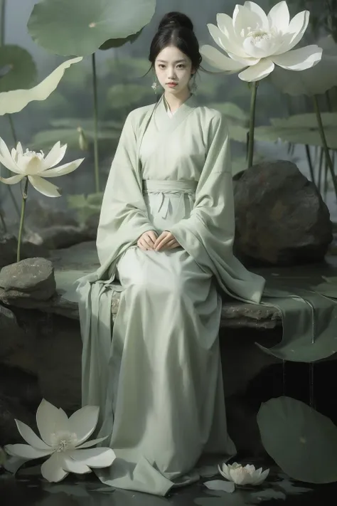 (masterpiece1.2),(best quality:1.2),highres,extremely detailed 8k wallpaper,very clear,realistic,1girl in hanfu,sits on stone,(full body),(rainy),(soft smile),neck,(foggy,mist),earrings,solo,white (lotus flowers),black hair,looking at viewer,long hair,portrait,lips,hair bun,makeup,expressionless,black eyes,tender green,(lotus leaves),DOF,soft light,gongbi color ink style,<lora:lux lotus:0.7>,<lora:haenraets-01:0.2>,<lora:weijin_hanfu:0.6>,