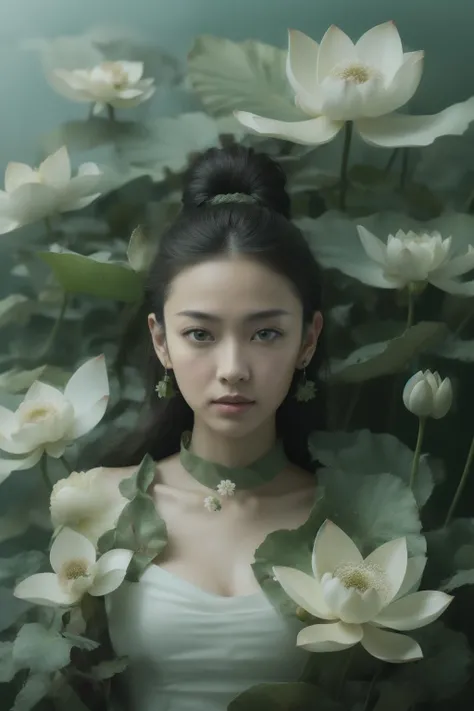 (masterpiece1.2),(best quality:1.2),highres,extremely detailed 8k wallpaper,very clear,realistic,1girl,full body,(soft smile),bare shoulders,chest covered by lotus_leaf,cleavage,collarbone,neck,(foggy,mist),earrings,solo,white (lotus flowers),black hair,looking at viewer,long hair,portrait,lips,hair bun,makeup,expressionless,black eyes,tender green,(lotus leaves),DOF,soft light,gongbi color ink style,<lora:lux lotus:0.6>,<lora:ClothingAdjuster3:0.4>,