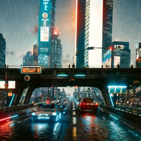 hologram of long shot scenic professional photograph of night city avenue, traffic jam,hazy lights, holographic road signs, raining, floating cars, metal, blurred background, intricate realism <lora:NightCity:1>, RAW candid cinema, 16mm, color graded portra 400 film, remarkable color, ultra realistic, textured skin, remarkable detailed pupils, realistic dull skin noise, visible skin detail, skin fuzz, dry skin, shot with cinematic camera, perfect viewpoint, highly detailed, wide-angle lens, hyper realistic, with dramatic sky, polarizing filter, natural lighting, vivid colors, everything in sharp focus, HDR, UHD, 64K floating in space, a vibrant digital illustration, dribbble, quantum wavetracing, black background, behance hd
