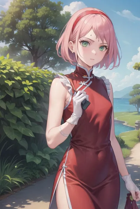 sakuraharuno, <lyco:sakuraharunov3-lyco-nochekaiser:1>,
sakura haruno, short hair, bangs, (green eyes:1.5), pink hair, hairband, facial mark, (forehead mark:1.2), red hairband, (swept bangs:1.5), (small breast:1.2),
BREAK chinese clothes, dress, (red dress:1.3), short skirt, black shorts, gloves, black gloves, sleeveless,
BREAK outdoors, forest, nature, sky, cloud, sun,
BREAK looking at viewer, (cowboy shot:1.5),
BREAK <lyco:GoodHands-beta2:1>, (masterpiece:1.2), best quality, high resolution, unity 8k wallpaper, (illustration:0.8), (beautiful detailed eyes:1.6), extremely detailed face, perfect lighting, extremely detailed CG, (perfect hands, perfect anatomy),