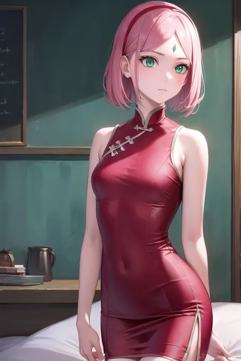 sakuraharuno, <lyco:sakuraharunov2-lyco-nochekaiser:1>,
sakura haruno, short hair, bangs, (green eyes:1.5), pink hair, hairband, facial mark, (forehead mark:1.2), red hairband, (swept bangs:1.5), (small breast:1.2),
BREAK chinese clothes, dress, (red dress:1.3), short skirt, black shorts, gloves, black gloves, sleeveless,
BREAK looking at viewer,
BREAK indoors, bed,
BREAK <lyco:GoodHands-beta2:1>, (masterpiece:1.2), best quality, high resolution, unity 8k wallpaper, (illustration:0.8), (beautiful detailed eyes:1.6), extremely detailed face, perfect lighting, extremely detailed CG, (perfect hands, perfect anatomy),