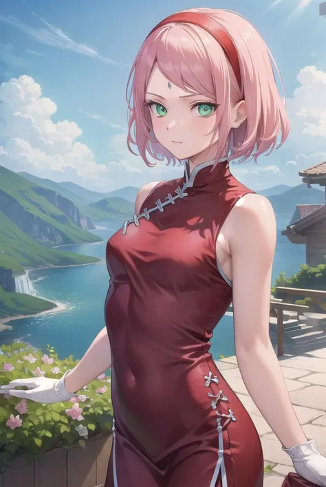 sakuraharuno, <lyco:sakuraharunov3-lyco-nochekaiser:1>,
sakura haruno, short hair, bangs, (green eyes:1.5), pink hair, hairband, facial mark, (forehead mark:1.2), red hairband, (swept bangs:1.5), (small breast:1.2),
BREAK chinese clothes, dress, (red dress:1.3), short skirt, black shorts, gloves, black gloves, sleeveless,
BREAK outdoors, forest, nature, sky, cloud, sun,
BREAK looking at viewer, (cowboy shot:1.5),
BREAK <lyco:GoodHands-beta2:1>, (masterpiece:1.2), best quality, high resolution, unity 8k wallpaper, (illustration:0.8), (beautiful detailed eyes:1.6), extremely detailed face, perfect lighting, extremely detailed CG, (perfect hands, perfect anatomy),