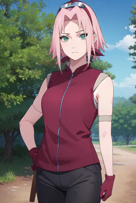 sakuraharuno, <lyco:sakura haruno shippuuden-lyco-nochekaiser:1>,
default sakura haruno, short hair, (green eyes:1.5), pink hair, (parted bangs:1.5), hairband, forehead protector,
BREAK gloves, green eyes, sleeveless, black gloves, red shirt, zipper, forehead protector, konohagakure symbol, boots, bike shorts, zipper, toeless footwear,
BREAK outdoors, forest, sky, clouds, nature, sun,
BREAK looking at viewer, (cowboy shot:1.5),
BREAK <lyco:GoodHands-beta2:1>, (masterpiece:1.2), best quality, high resolution, unity 8k wallpaper, (illustration:0.8), (beautiful detailed eyes:1.6), extremely detailed face, perfect lighting, extremely detailed CG, (perfect hands, perfect anatomy),