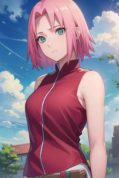 sakuraharuno, <lyco:sakura haruno shippuuden-lyco-nochekaiser:1>,
noheadband sakura haruno, short hair, (green eyes:1.5), pink hair,
BREAK shirt, (red shirt:1.5), short sleeves, vest,
BREAK outdoors, forest, sky, clouds, nature, sun,
BREAK looking at viewer, (cowboy shot:1.5),
BREAK <lyco:GoodHands-beta2:1>, (masterpiece:1.2), best quality, high resolution, unity 8k wallpaper, (illustration:0.8), (beautiful detailed eyes:1.6), extremely detailed face, perfect lighting, extremely detailed CG, (perfect hands, perfect anatomy),