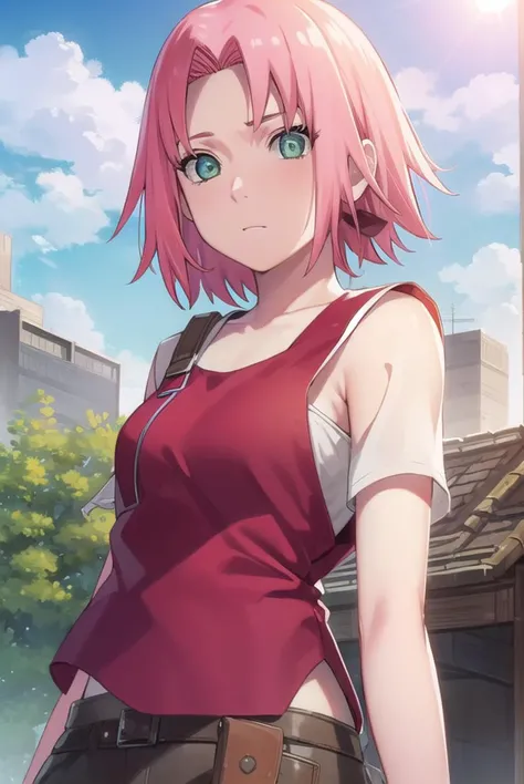 sakuraharuno, <lyco:sakura haruno shippuuden-lyco-nochekaiser:1>,
noheadband sakura haruno, short hair, (green eyes:1.5), pink hair,
BREAK shirt, (red shirt:1.5), short sleeves, vest,
BREAK outdoors, forest, sky, clouds, nature, sun,
BREAK looking at viewer, (cowboy shot:1.5),
BREAK <lyco:GoodHands-beta2:1>, (masterpiece:1.2), best quality, high resolution, unity 8k wallpaper, (illustration:0.8), (beautiful detailed eyes:1.6), extremely detailed face, perfect lighting, extremely detailed CG, (perfect hands, perfect anatomy),