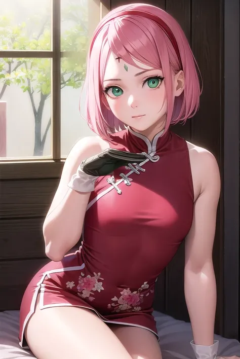 sakuraharuno, <lyco:sakuraharunov2-lyco-nochekaiser:1>,
sakura haruno, short hair, bangs, (green eyes:1.5), pink hair, hairband, facial mark, (forehead mark:1.2), red hairband, (swept bangs:1.5), (small breast:1.2),
BREAK chinese clothes, dress, (red dress:1.3), short skirt, black shorts, gloves, black gloves, sleeveless,
BREAK looking at viewer,
BREAK indoors, bed,
BREAK <lyco:GoodHands-beta2:1>, (masterpiece:1.2), best quality, high resolution, unity 8k wallpaper, (illustration:0.8), (beautiful detailed eyes:1.6), extremely detailed face, perfect lighting, extremely detailed CG, (perfect hands, perfect anatomy),