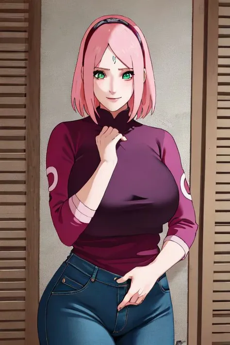 sakura haruno, big breasts. slim waist, smiling, pink hair, tight dark blue jeans, green jumper, long sleeve, extremely detailed, Drawing, green eyes, smooth skin, 2 eyes , busty, slim waist, smiling, cleavage, large breast, big thighs, small nose, masterpiece, HD quality, detail, mature, big ass, long eyelashes, big lips, sweaty, 2 eyes, sexy, older, adult, extremely gorgeous, 4K, detailed art, smooth skin